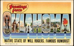 Greetings from Oklahoma, Native State of Will Rogers Postcard