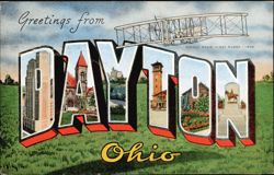 Greetings from Dayton Ohio Large Letter Wright Bros. Plane Postcard