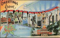 Greetings from Massachusetts Large Letter with Landmarks Postcard