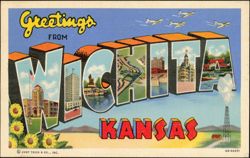 Greetings From Wichita Kansas Large Letter Airplanes Sunflowers Postcard