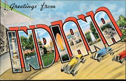 Greetings from Indiana Large Letter, Race Cars Postcard