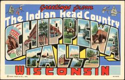 Greetings from Chippewa Falls, Indian Head Country Postcard