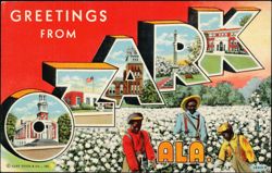 Greetings From Oak, Alabama, Cotton Pickers & Landmarks Postcard