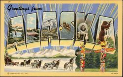 Greetings from Alaska Large Letter, Dog Sled, Totem Poles Postcard