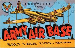 Greetings from Army Air Base, Airplane with Little Men Postcard