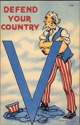 Defend Your Country Uncle Sam V for Victory WWII Patriotic Postcard
