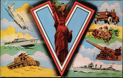 V for Victory, Statue of Liberty & WWII Military Collage Postcard