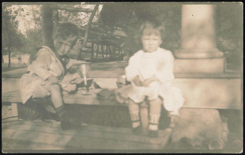 Two Children on Porch with Large Column William Pocket