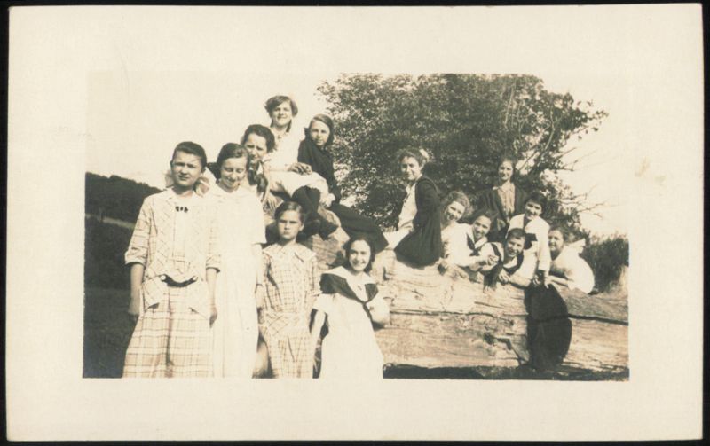 Group of Young Women and Girls on Log School and Class Photos