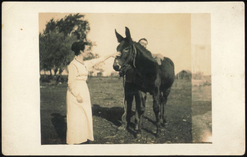 Kate the Mule, Woman, and Byron Brown, Oct 1915 Kansas