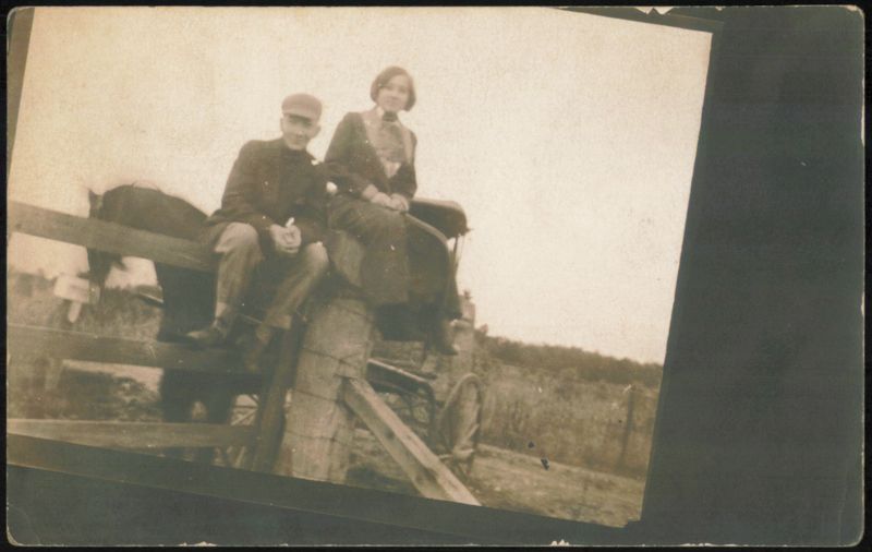 Man and Woman on Fence with Horse and Buggy Couples
