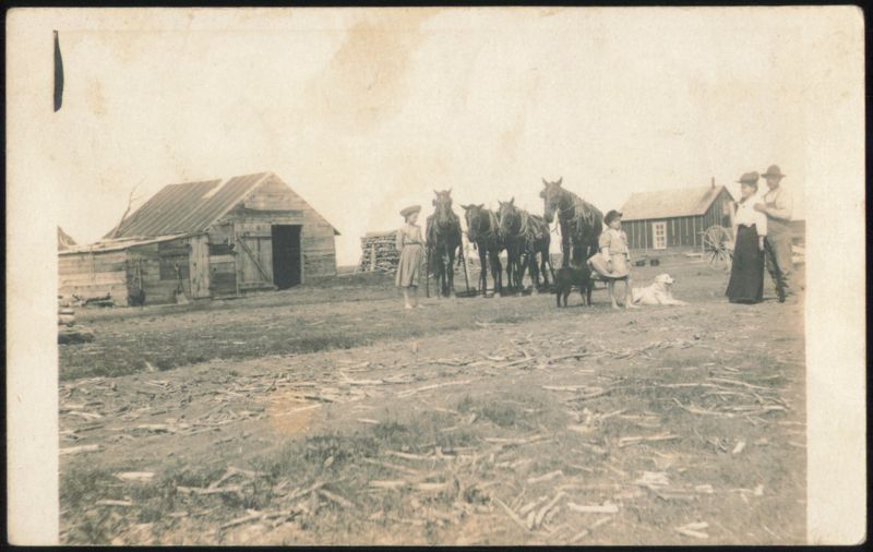 Family with Horses, Dog, Goat on Rural Farm Farming