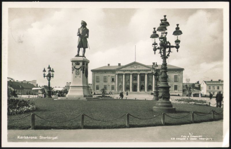 Karlskrona Stortorget Statue and Grand Building Sweden