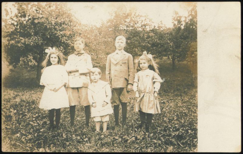 Five Children in Orchard, Two Girls, Three Boys