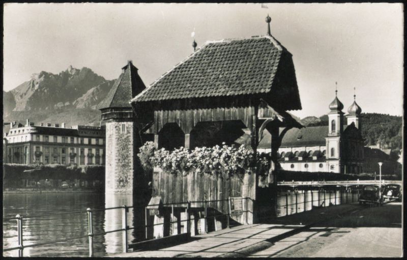 Kapellbrücke with Mountains Luzern Switzerland