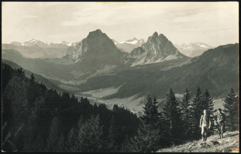 Alpthal with the Mythen Mountains and Hikers Switzerland