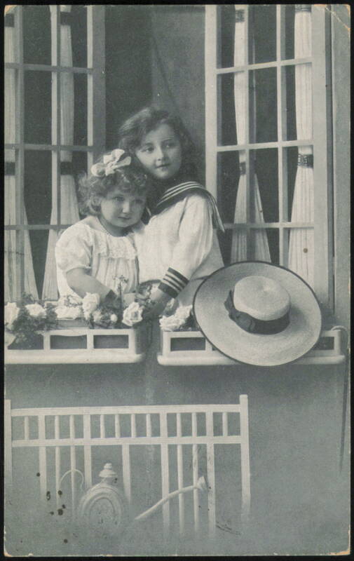Two Girls in Window, Sailor Top, Straw Hat Children