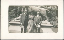 Three People with Lion and Horse Statue Postcard