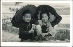 Smiling Asian Children in Large Hats Postcard