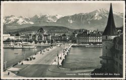 Luzern Lake Bridge, Train Station with Alps Postcard