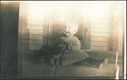 Young Child and Cat on Porch Steps Postcard