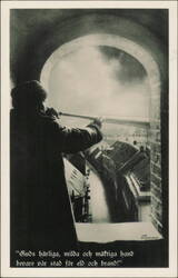 Man with Spyglass Overlooking City, Prayer for Protection Postcard