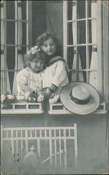 Two Girls in Window, Sailor Top, Straw Hat Postcard
