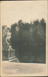 Schloß Monrepos Lake, Church Tower, and Statue Postcard