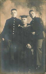 Three Young Men in Military Uniforms, One Sailor Postcard