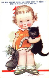 Girl with Black Kitten Comic, Funny Postcard Postcard