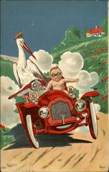 Baby Driving Car w/Stork Postcard