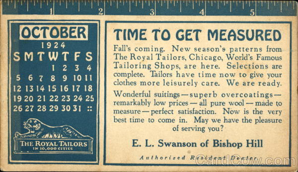 Royal Tailors Ruler Calendar Blotter Advertising