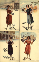 Set of 4: Italian Art Deco Women With Birds Postcard