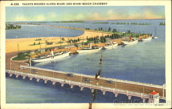 Yachts Moored Along Miami And Miami Beach Causeway Florida