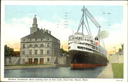 Modern Passenger Boat Coming Out Of Poe Lock, Sault Ste Sault Ste. Marie, MI Postcard Postcard