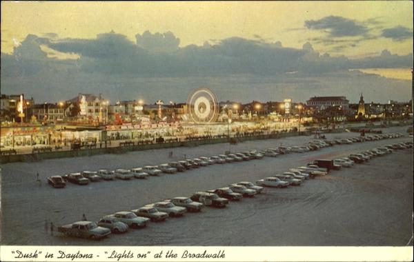 Dusk, Lights on at the boardwalk Daytona Beach Florida