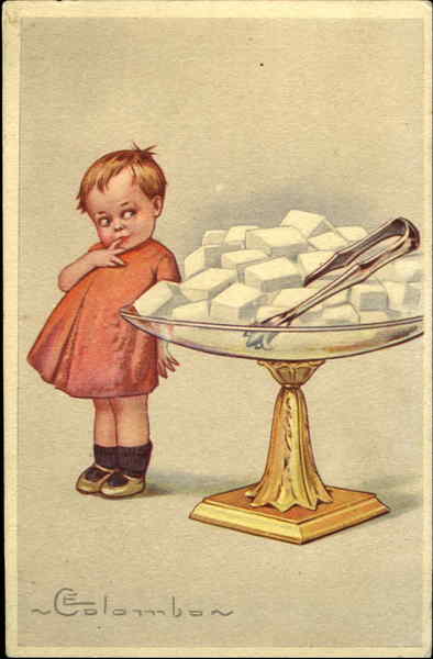 Girl with Bowl of Sugar Cubes E. Colombo Artist Signed