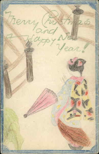 Drawing of Japanese Woman in Kimono Asian