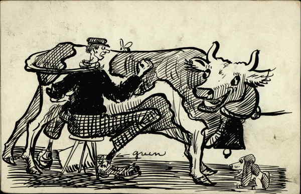 Man on stool about to milk a cow Cows & Cattle