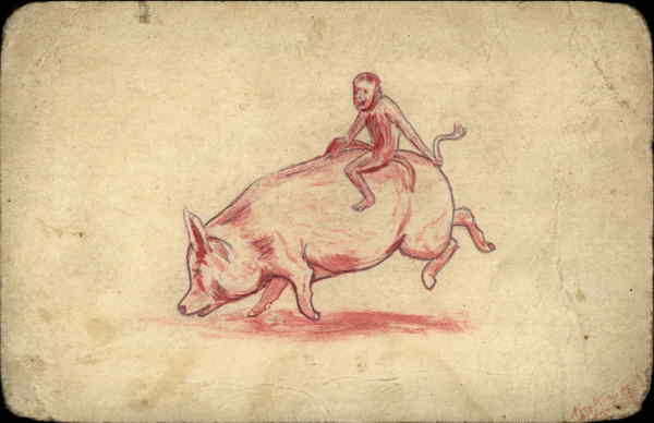 Monkey on the back of a pig Hand Drawn