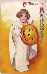 Mechanical Girl Ghost w/JOL Halloween Postcard Postcard