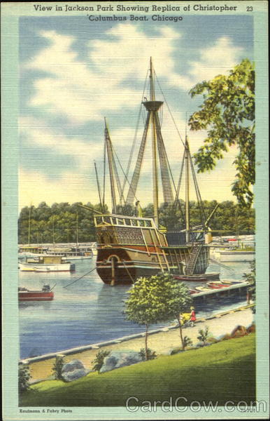 View In Jackson Park Showing Replica Of Christopher Columbus Boat Chicago Illinois