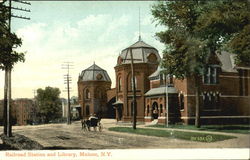Railroad Station And Library Malone, NY Postcard Postcard