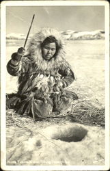 Eskimo Woman Fishing Through Ice Postcard
