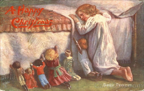 Girl Praying with Dolls Children