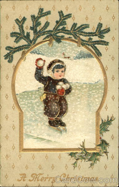 Boy Skating with Snowballs Children