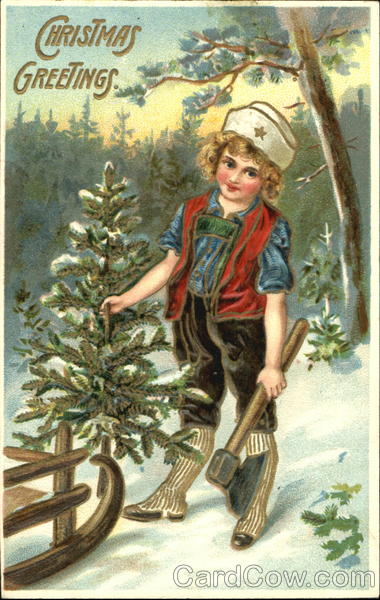 Boy Cutting Christmas Tree Children