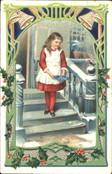 Girl on Steps Birds Postcard