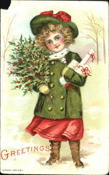 Girl with Holly & Parcels Postcard