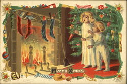 Children Fireplace Stockings Postcard
